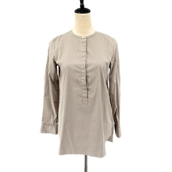 Theory Tops - Theory Beige & White Vertical Striped Half Button Down Round Neck Cotton Blouse
